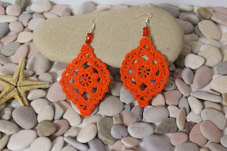 Orange cotton crochet flower earrings, Gift for her image 8