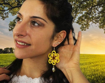 Yellow lace earrings with beads, light jewelry