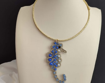 Handmade Tatting Lace Seahorse Necklace with Beads - Gold Magnetic Cord