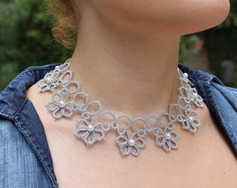 Handmade tatting lace necklace, bridal jewelry, bride accessories, Bride necklace, boho style lace