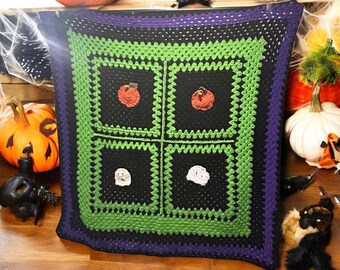 Handmade Halloween Blanket: Crocheted Pumpkin & Ghost Decor