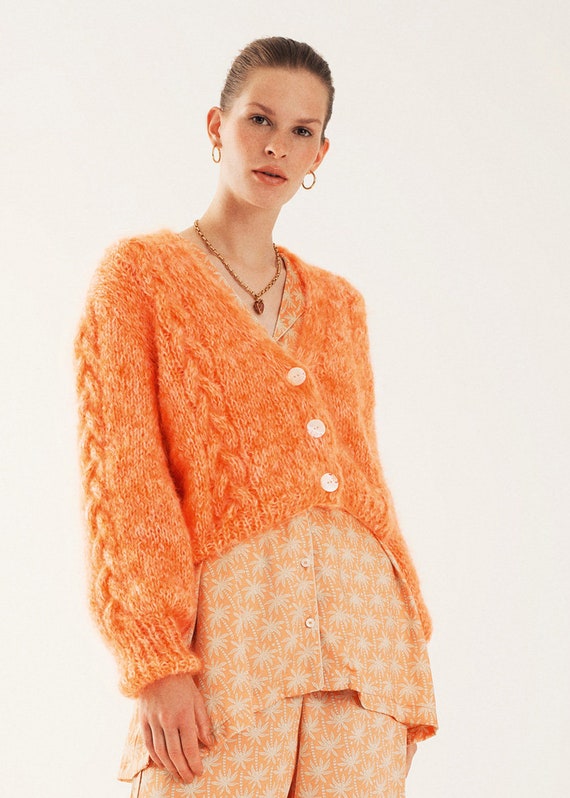 Hand Knitted Short Orange-white Cardigan. Simple Elegant. | Etsy