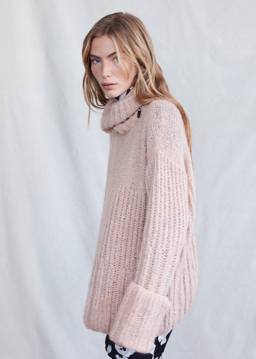 Hand knit peach Pullover. Turtleneck sweater oversized | Etsy