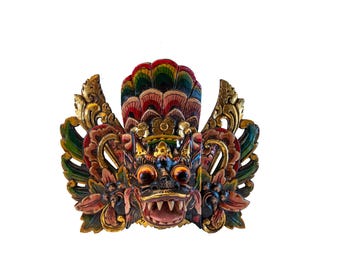 Antique Style Balinese Barong Mask Hand Carved Painted Wood Art