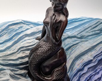 Mermaid Figurine on Rock, Nautical Resin Fantasy Sculpture Decor