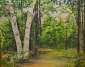 Antique Original Summer Landscape Oil Painting Signed E. M. McHugh Forest Trail Birch Trees Framed 13.5x10.5