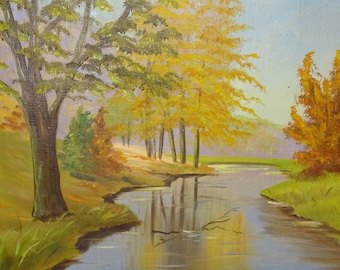 Vintage Original Landscape Oil Painting on Canvas Fall Woods with Stream Signed Ankeroy 14.5x11.5