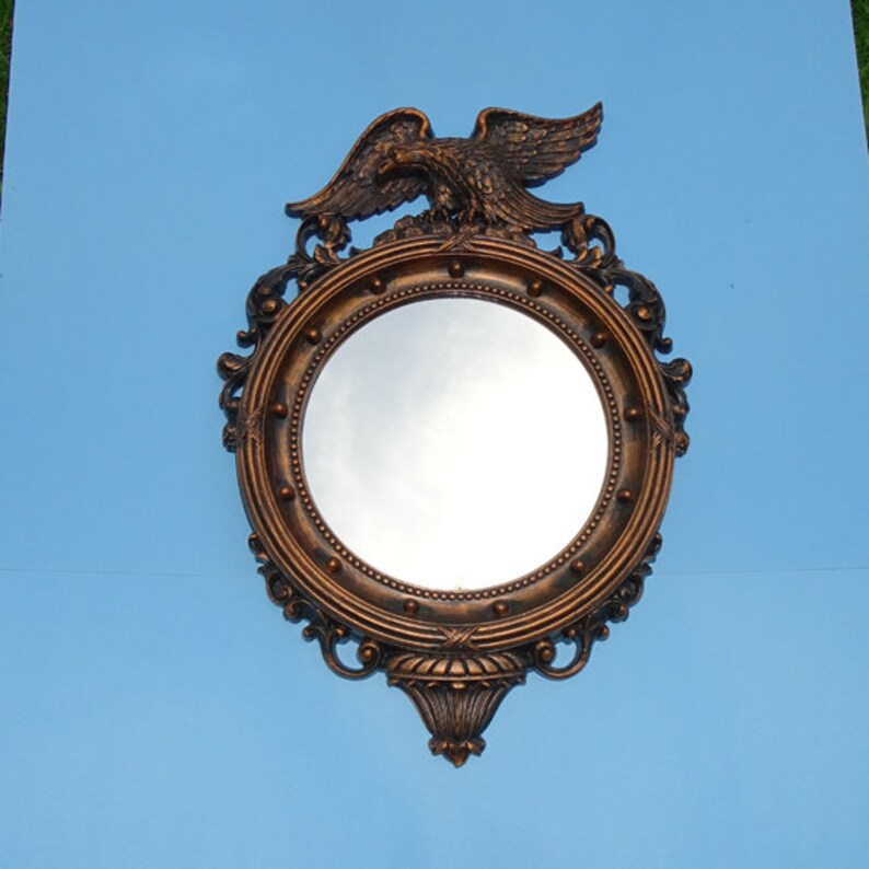 Vintage Dart Industries Porthole Wall Mirror American Federal Eagle Antiqued Coppertone C1970s Made In Usa