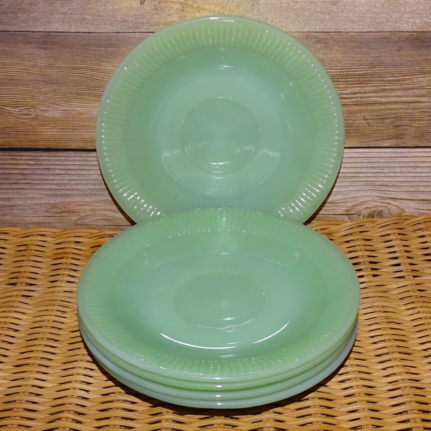 Set of 5 Vintage Fire King Green Jadeite Jane Ray Ribbed Saucers Anchor Hocking