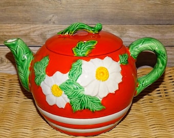 1950s Made in Japan Red Teapot White Embossed Flowers Green Spout Handle Retro Kitchen Decor