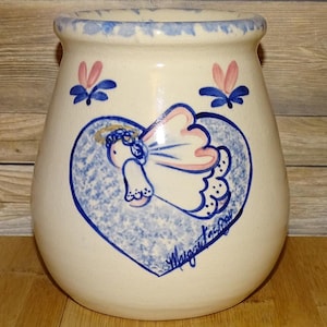 1995 Ellis Prod Pottery Folk Art Hand Painted Crock Angel Heart Flowers Marshall TX 6”