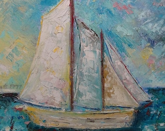 1977 Nautical Sailboat Impressionism Oil Painting Palette Knife Signed Framed 12x10.5