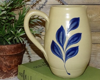 Vintage Williamsburg Pottery Pitcher, Salt Glaze Stoneware, Cobalt Blue Leaf, 6 in