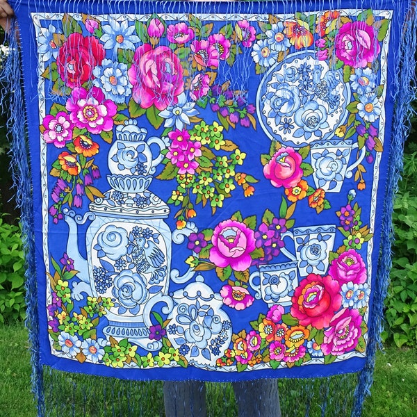 Vintage, Pre-Owned, Boho, Silk Floral, Piano Shawl, Knotted Fringed, Bold Colors, 33x33 Inches, Blue White Pottery, Silk Shawl, Ladies Shawl