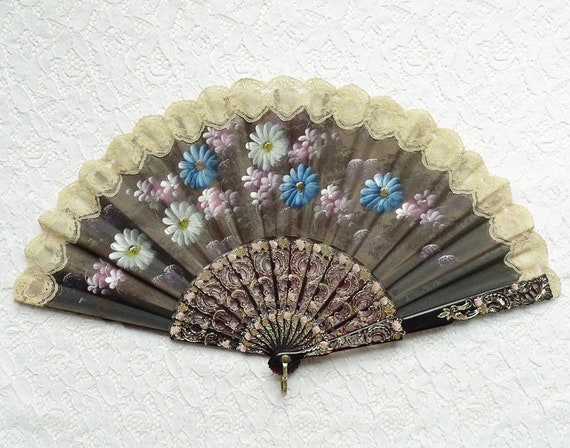 Antique Hand Painted Ladies Folding Hand Fan Flow… - image 3