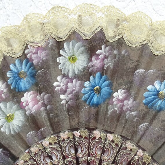 Antique Hand Painted Ladies Folding Hand Fan Flow… - image 6
