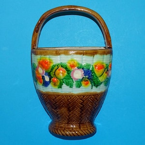 1940-50s Made in Japan Ceramic Wall Pocket Planter Vase Brown Flower Basket Signed 8”