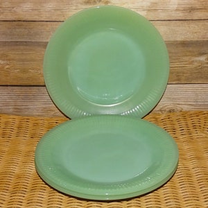 3 Green Jadeite Jane Ray Ribbed 7 3/4” Salad Lunch Plates Fire King Oven Ware