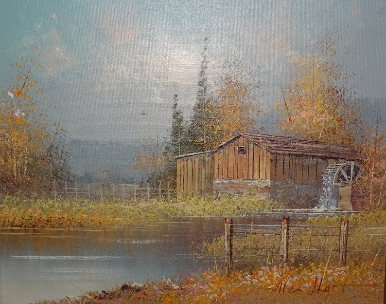 Vintage, Alex Hart, Autumn Landscape, Canvas Oil Painting, Mill, Waterwheel, Stream, Framed shops 14.5x12.5, Autumnal Painting, Rural Landscape