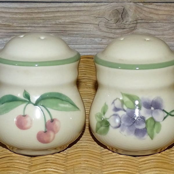 Pfaltzgraff, Garden Party, Impressions, Dinnerware ,Salt and Pepper Set, Cherries, Violets, 3”, Cottagecore Decor, Made in USA, Stoneware