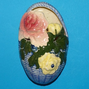 1940-50s Ceramic Wall Pocket Made in Japan Blue Basket Shape w/ Handle & Flowers 6” Tall