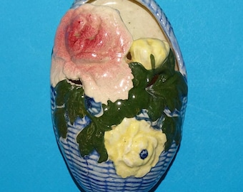 Vintage Ceramic Wall Pocket: Hand-Painted Floral Basket, Made in Japan
