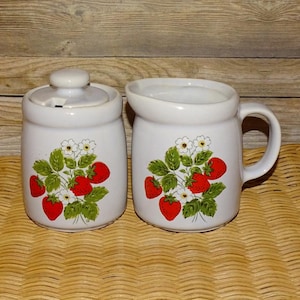 1970s McCoy Pottery Strawberry Country #1414 Sugar & Cream Set with Lid USA