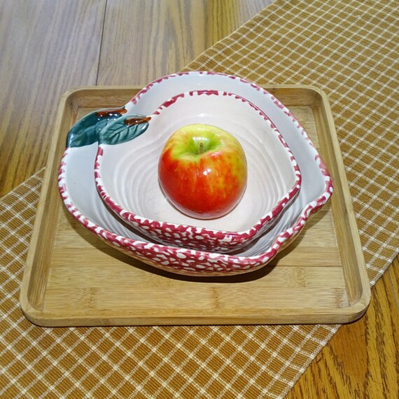 nesting ceramic apple serving mixing bowl lot of 2 with stem | etsy