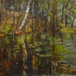 Old Impressionist Water Lily Pond Landscape Oil Painting Birch Trees Signed D. Tufts 14x10