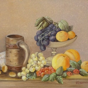 1993, Still Life, Oil Painting, Primitive, Folk Art Style, Fruit Tankard Compote, J. Pendergast, Unframed,8x10, Wall Art,Folk Art Home Decor
