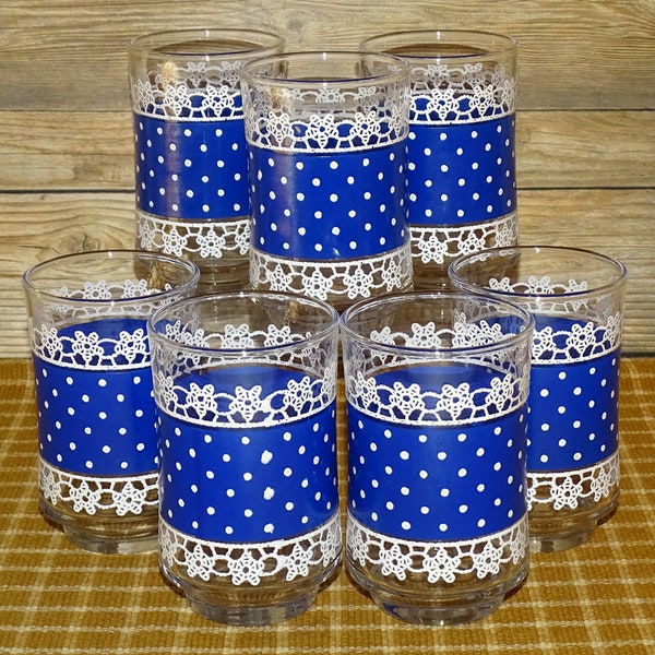 1960s Libbey 5oz Juice Glasses Blue White Polka Dots & Lace Set of 7