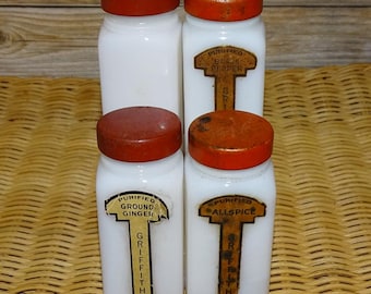 3 Milk Glass Spice Jars Griffith Labels Intact Vintage 1940s-50s