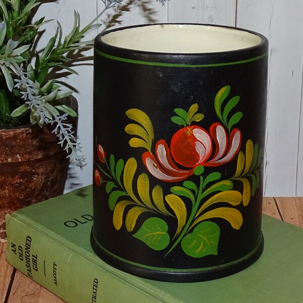 Vintage, Ceramic Storage Jar, Hand Painted, Floral Design, Toleware Style, Signed KR, Toleware, Toleware Painting, Ceramic Kitchen Decor