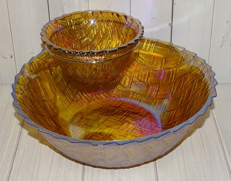 Indiana Glass Co, Iridescent, Golden Tone, Basketweave, Carnival Glass