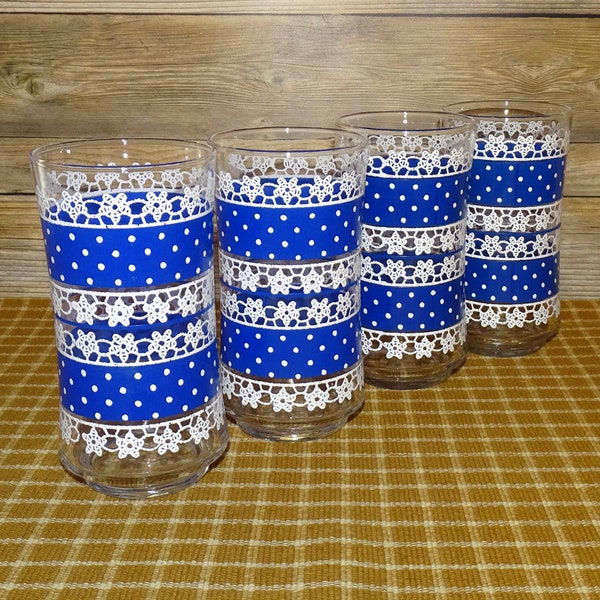 1960s Libbey 12oz Tumblers Glasses Blue White Polka Dots & Lace Set of 4 #B