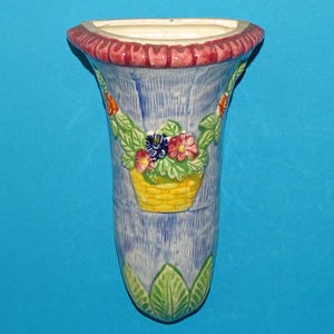 Vintage Ceramic Maruhon Wall Pocket Planter Vase Made in Japan Basket of Flowers 6.75”