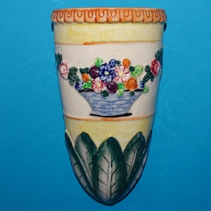 1950s Nippon Art Pottery Wall Pocket Vase Planter Basket of Flowers Made in Japan Signed 7.5”