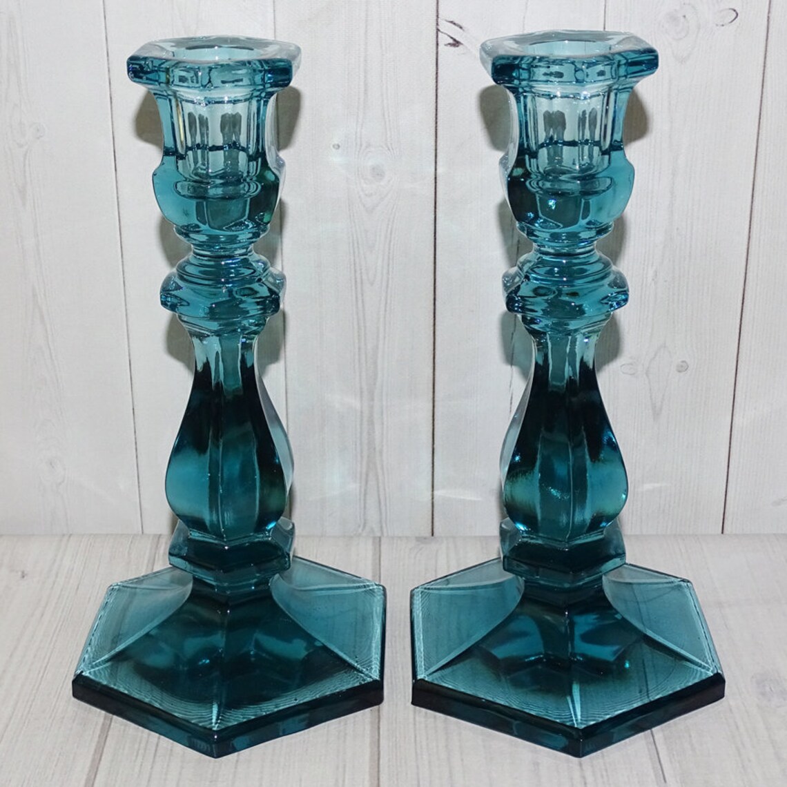 Vintage Teal Blue Candlesticks Candle Holders Footed Heavy Etsy