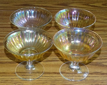 Vtg Imperial Iridescent Clambroth Carnival Glass Smooth Rays Sherbet Set of 4 Clear Base