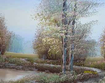 Vintage Miniature Summer Landscape Oil Painting Trees Pond Wildflowers 8x10 Unframed Beautiful