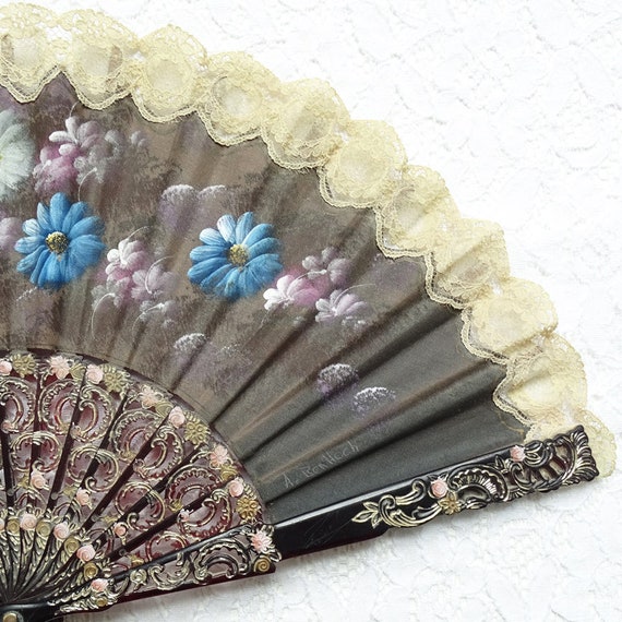 Antique Hand Painted Ladies Folding Hand Fan Flow… - image 10