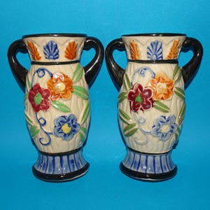 Made in Japan Pair of Ceramic Wall Pockets Planter Vase Shape with Flowers Handles 6.5”