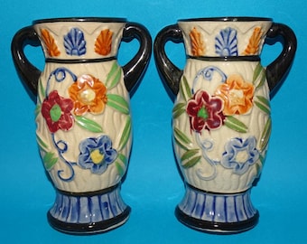 Vintage Ceramic Wall Pocket Vases: Floral Planter Pair, Made in Japan