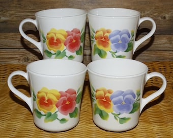 Vintage 1990s Corning Corelle Summer Blush Pansy Coffee Tea Cups Set of 4