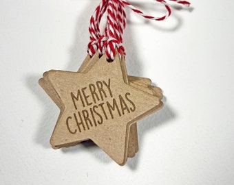 Merry Christmas Hang Tags, Laser Engraved Merry Christmas Gift Tags, Stars Heavy Weight Gift Tags, Christmas Star Gift Tags