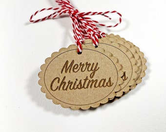 Merry Christmas Hang Tags, Laser Engraved Merry Christmas Gift Tags, Oval Flower Heavy Weight Gift Tags, Circle Christmas Gift Tags