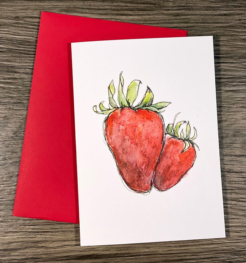 Sweet Strawberry Greeting Card, Thinking of You Note Card, Personalized Blank 5 x 7 Card image 2