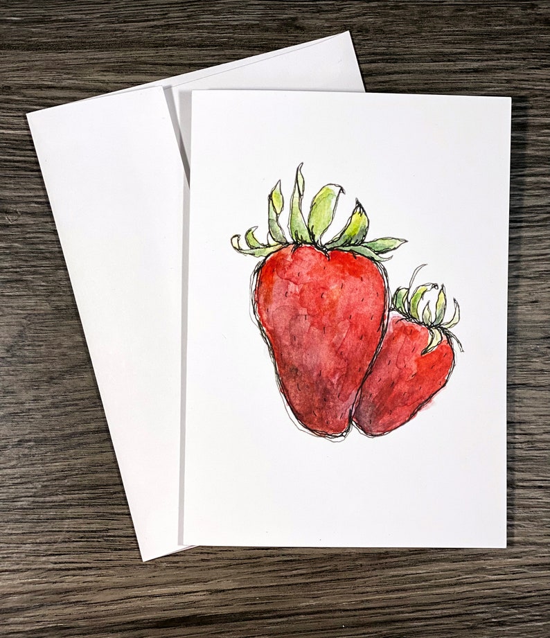 Sweet Strawberry Greeting Card, Thinking of You Note Card, Personalized Blank 5 x 7 Card image 1