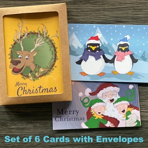 Conjunto de cartões de Natal - Papai Noel, Elfos, Renas e Pinguins - Cartões de Natal personalizados - Cartão de Natal de animais fofos - Conjunto de 6