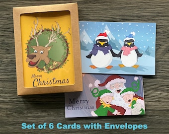 Christmas Card Set - Santa, Elves, Reindeer, and Penguins - Personalized Holiday Cards - Cute Animals Holiday Card - Set of 6